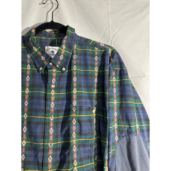 Vintage Shirt Mens Large Blue Plaid Aztec Button Elbow Patch Western Green - Picture 5 of 10